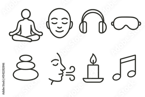Focus and Meditation Icons. Line style icons for focus and meditation: lotus pose, calm face, headphones, eye mask, zen stones,