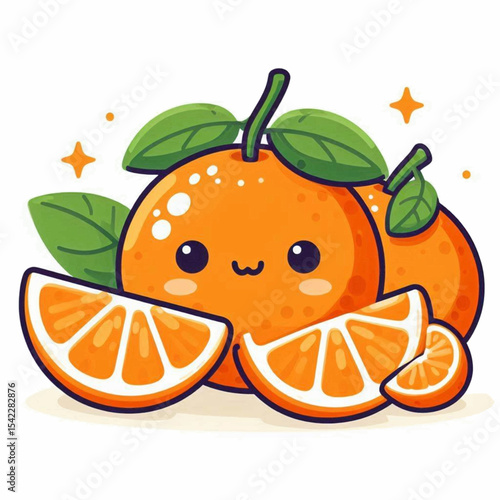 Whimsical orange trio two whole and one segment with kawaii facial features  leafy stems all in a cute cartoon style