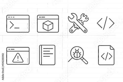 Code Tools Icons. Line style icons of code tools: terminal icon, package manager, build tool, code snippet, linter alert, text