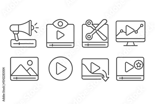 Video Marketing Icons. Line style icons of video marketing: video campaign, video views, editing icon, YouTube analytics,