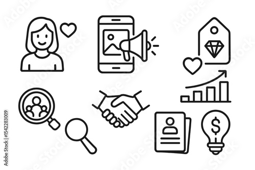 Influencer Tools Icons. Line style icons of influencer tools: influencer icon, promo post, brand tag, engagement rate, audience