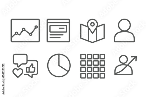 Social Analytics Icons. Line style icons of social analytics: overview graph, top content, audience location, profile visits,