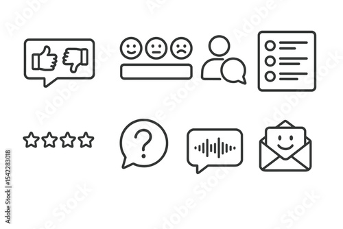 Feedback Interaction Icons. Line style icons of feedback and interaction: reaction icon, emoji vote, user reply, open poll, rating