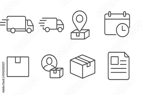 Delivery Icons Collection. Line style icons of delivery options: standard shipping, express delivery, pickup point, delivery date,
