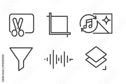 Media Editing Icons. Line style icons of media editing: video trim, image crop, audio sync, transition effect, filter icon,