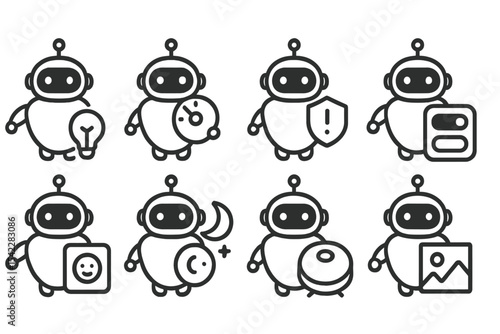 Smart Home Bot Icons. Line style icons of smart home bots: lighting control, thermostat command, security alert, appliance toggle,