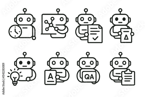 Educational Bot Icons. Line style icons of educational bots: study reminder, concept explainer, quiz helper, assignment alert,
