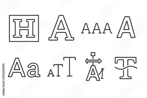 Typography Icons Showcase. Line style icons of bold typography trends: big headline, outlined font, monospaced title, italic