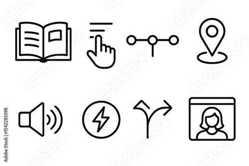 Interactive Story Icons. Line style icons of interactive storytelling: chapter icon, scroll-to-reveal, visual timeline,