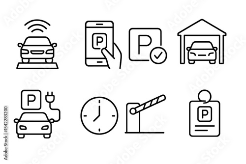 Smart Parking Icons. Line style icons of smart parking systems: parking space sensor, pay-by-app, availability icon, garage status