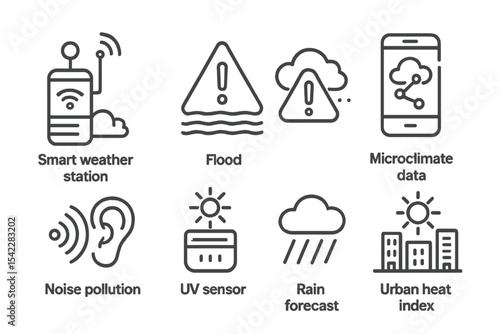 Weather Tech Icons. Line style icons of weather & environment tech: smart weather station, flood alert, air quality alert,