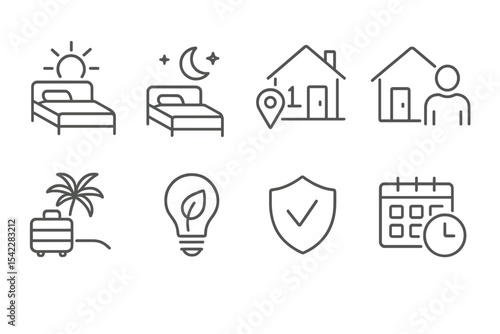 Automation Icon Set. Line style icons of automation routines: morning routine, bedtime scene, away mode, welcome home scene,