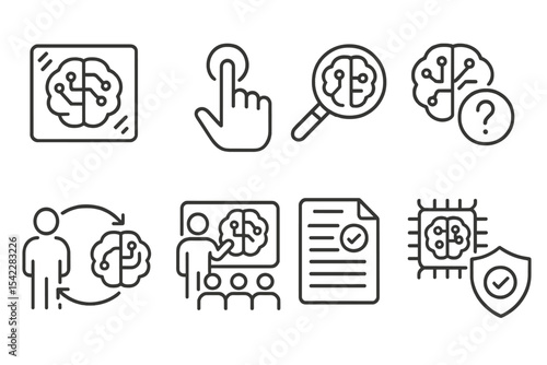 Ethical AI Icons. Line style icons of ethical AI integration: transparent AI, user override, bias detection, AI explainability,