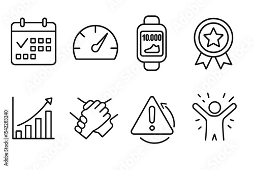 Behavior Change Icons. Line style icons of behavior change: habit tracker, goal meter, step counter, reward badge, progress chart,