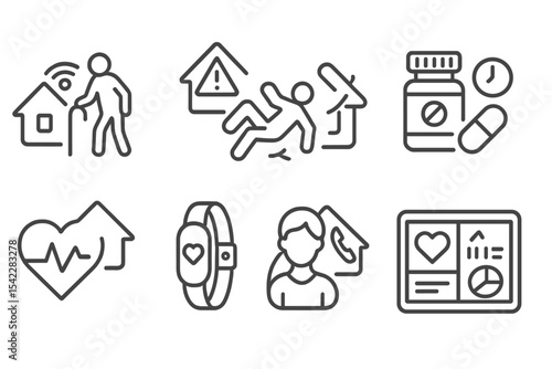 Smart Home Maintenance Icons. Line style icons of smart home maintenance: elderly care sensor, fall detection alert, emergency