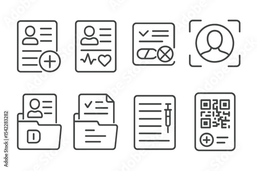 Medical Tourism Icons. Line style icons of medical tourism: patient information sheet, health history form, medication allergy