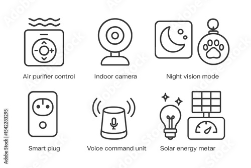 Smart Home Icons. Line style icons of smart home maintenance: air purifier control, indoor camera, night vision mode, pet activity