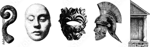 Maori koru motif and carved panel design with cultural masks and ancient greek elements