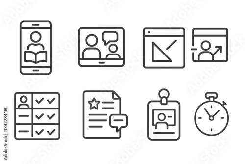 Education Icon Set. Line style icons of new education formats: remote tutoring app, 1-on-1 video call icon, digital whiteboard,