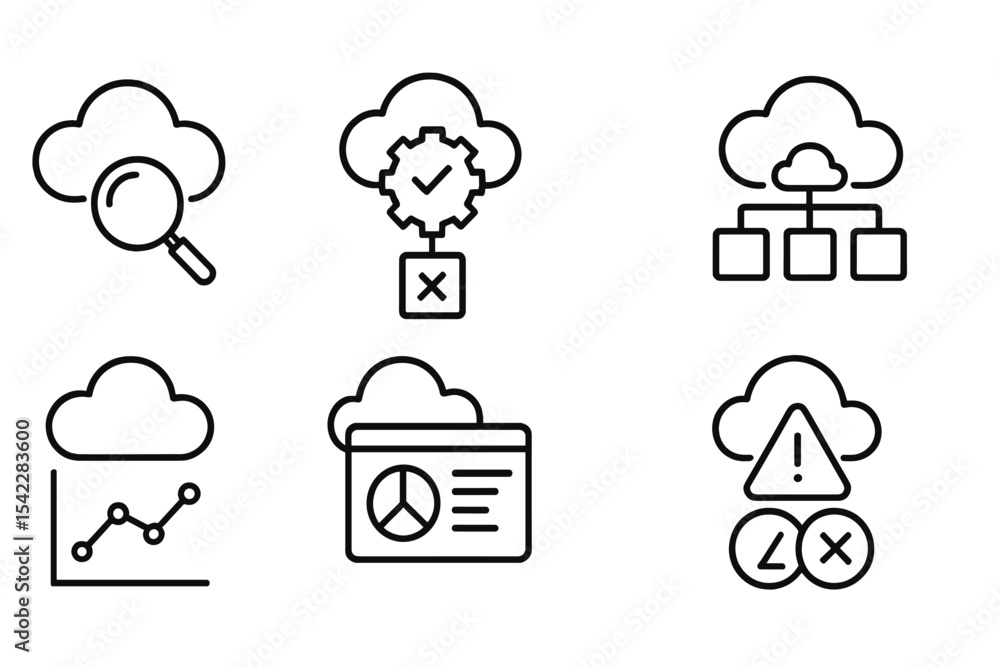 Cloud Engineering Icons. Line style icons of cloud engineering systems: testing automation gear, unit test runner, integration Cloud Engineering Icons. Line style icons of cloud engineering systems: testing automation gear, unit test runner, integration