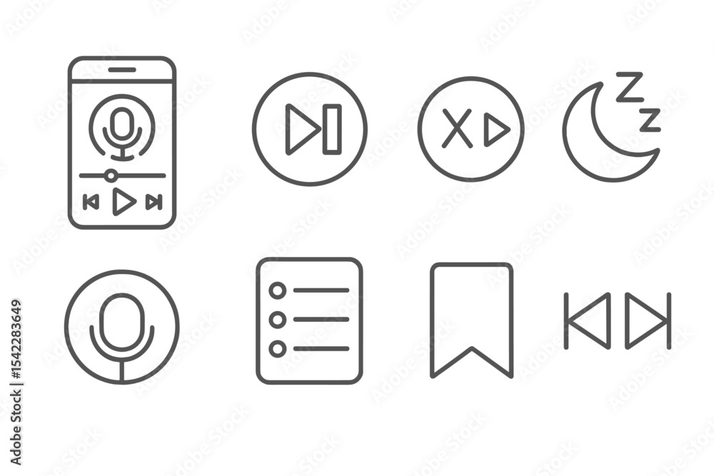 Podcasting Icon Set. Line style icons of sound design and podcasting: mobile podcast player, play/pause toggle, playback speed Podcasting Icon Set. Line style icons of sound design and podcasting: mobile podcast player, play/pause toggle, playback speed
