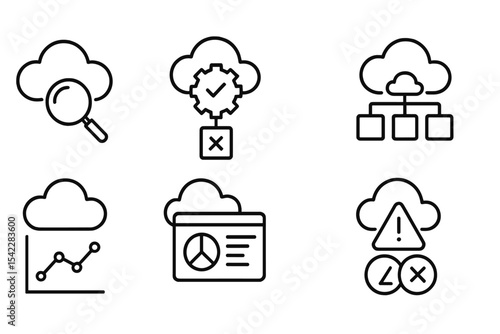 Cloud Engineering Icons. Line style icons of cloud engineering systems: testing automation gear, unit test runner, integration