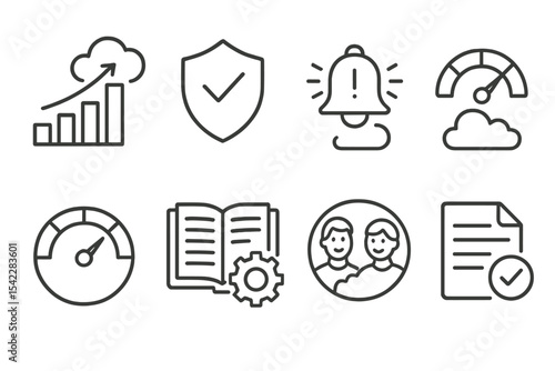 Cloud Engineering Icons. Line style icons of cloud engineering systems: SRE practice chart, toil reduction badge, alert fatigue