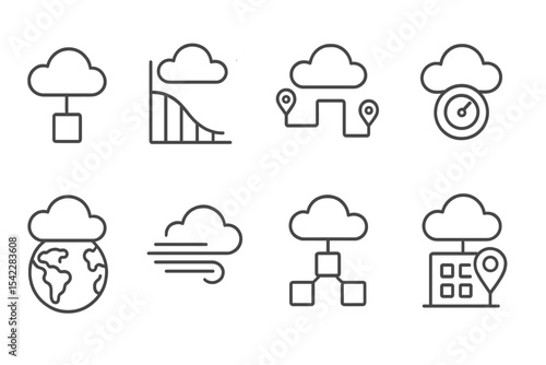 Cloud Engineering Icons. Line style icons of cloud engineering systems: edge computing node, latency optimization graph, content