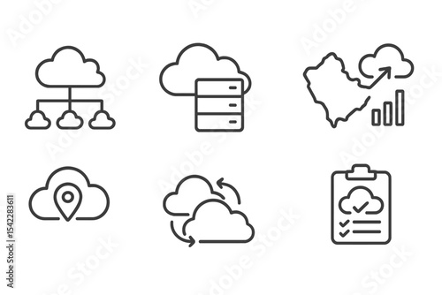 Cloud System Icons. Line style icons of cloud engineering systems: multi-cloud architecture, hybrid cloud icon, region map chart,