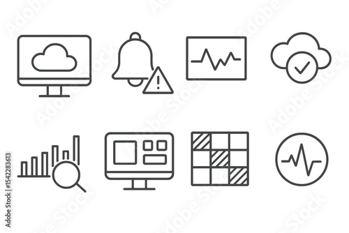 Cloud Engineering Icons. Line style icons of cloud engineering systems: cloud monitoring screen, alert notification bell, system
