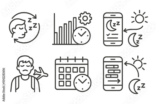 Sleep and Health Icons. Line style icons of sleep and health: jet lag recovery icon, time zone reset chart, sleep sync app, light