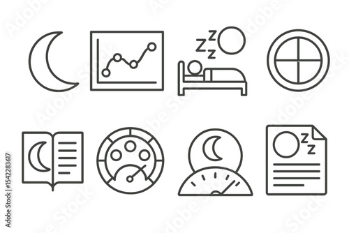 Lunar Sleep Icons. Line style icons of sleep and health: moon phase icon, lunar influence chart, full moon sleep icon, cosmic