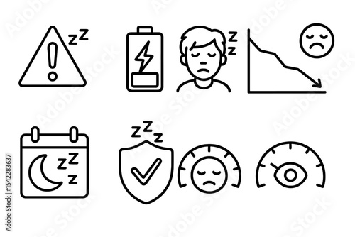 Sleep Health Icons. Line style icons of sleep and health: sleep deprivation warning, energy crash symbol, daytime fatigue icon,