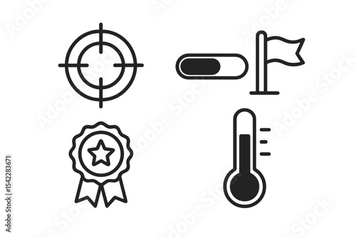 Crowdfunding Icon Set. Line style icons of crowdfunding and donations: goal progress bar, fundraising meter, milestone badge,