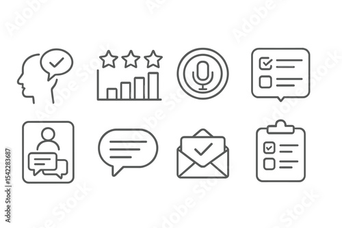 Podcast Icons Set. Line style icons of sound design and podcasting: listener feedback icon, review star chart, voice message badge