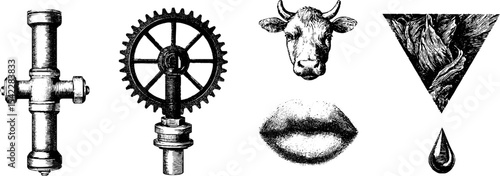 Vintage mechanical cog and lever with artistic elements design