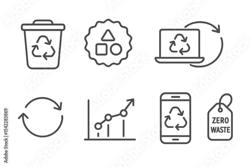 Eco Icons Line Art. Line style icons of green tech and eco services: recycling bin icon, material sorting badge, e-waste