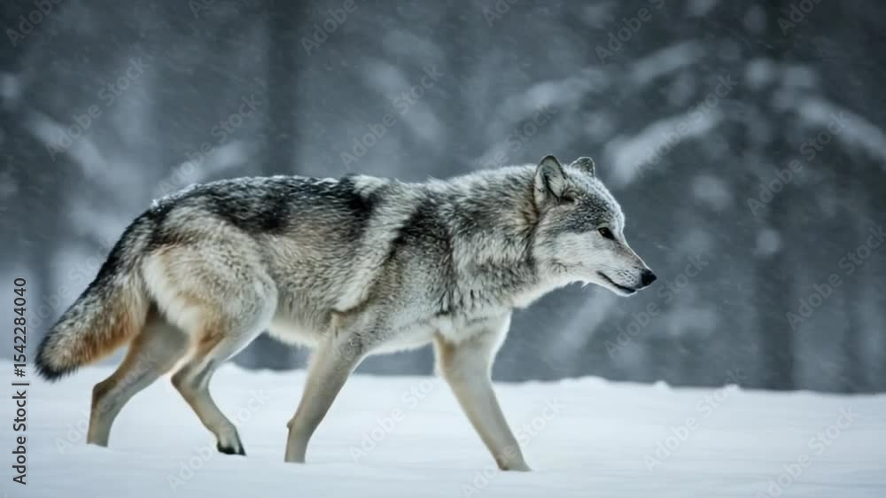 Wolf Walking Through Snowy Forest in Winter Landscape Wolf Walking Through Snowy Forest in Winter Landscape