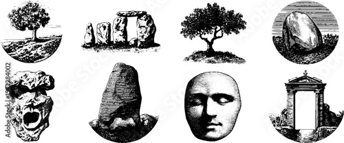 Ancient megalithic structures and natural elements for historical design and decoration