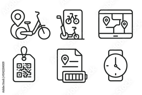 Smart City Icons. Line style icons of smart cities and urban systems: shared micromobility icon, bike rental station badge,