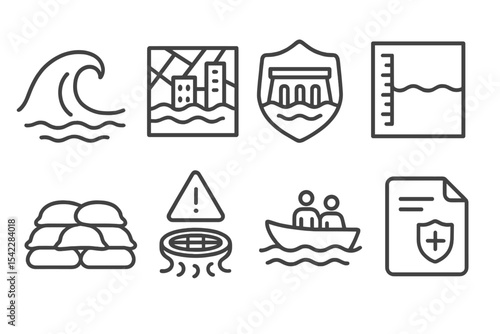 Ecological Disaster Icons. Line style icons of ecological disasters and response: flood wave icon, flooded city map, emergency dam