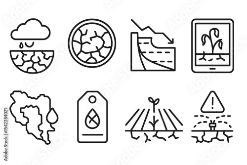 Ecological Disaster Icons. Line style icons of ecological disasters and response: drought icon, cracked soil badge, empty