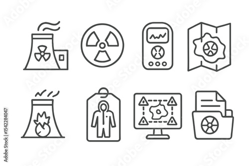 Ecological Disaster Icons. Line style icons of ecological disasters and response: nuclear accident icon, radiation zone badge,