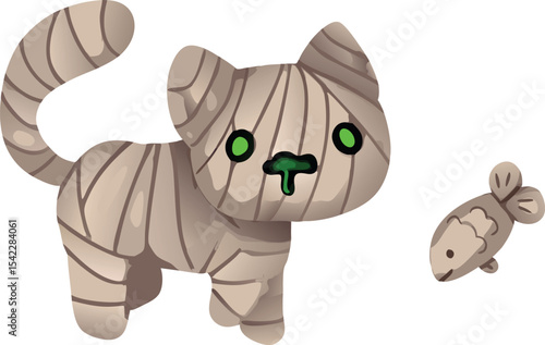 A spooky yet adorable Halloween mummy cat is chasing a fish treat , wrapped in bandages and full of mischief