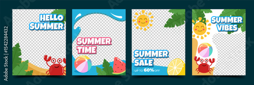 Summer social media template design collection. Flat illustration with place for the photo.