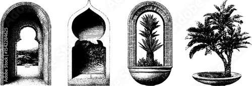 Moorish architecture and design elements featuring archways and decorative tiles