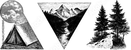 Outdoor adventure graphics: mountain peaks, camping tents, natural forest landscapes