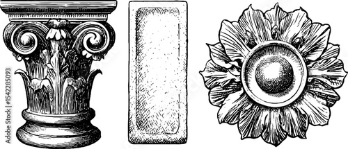 Ancient mythical creature reliefs and ornamental fragment designs