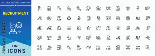 Recruitment icon set. Minimalist icons collection. Job simple icon set. Contains outline symbols like sourcing, employment, career, hiring, headhunting and more.