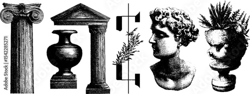 Collection of neoclassical architectural elements and sculptures for design projects